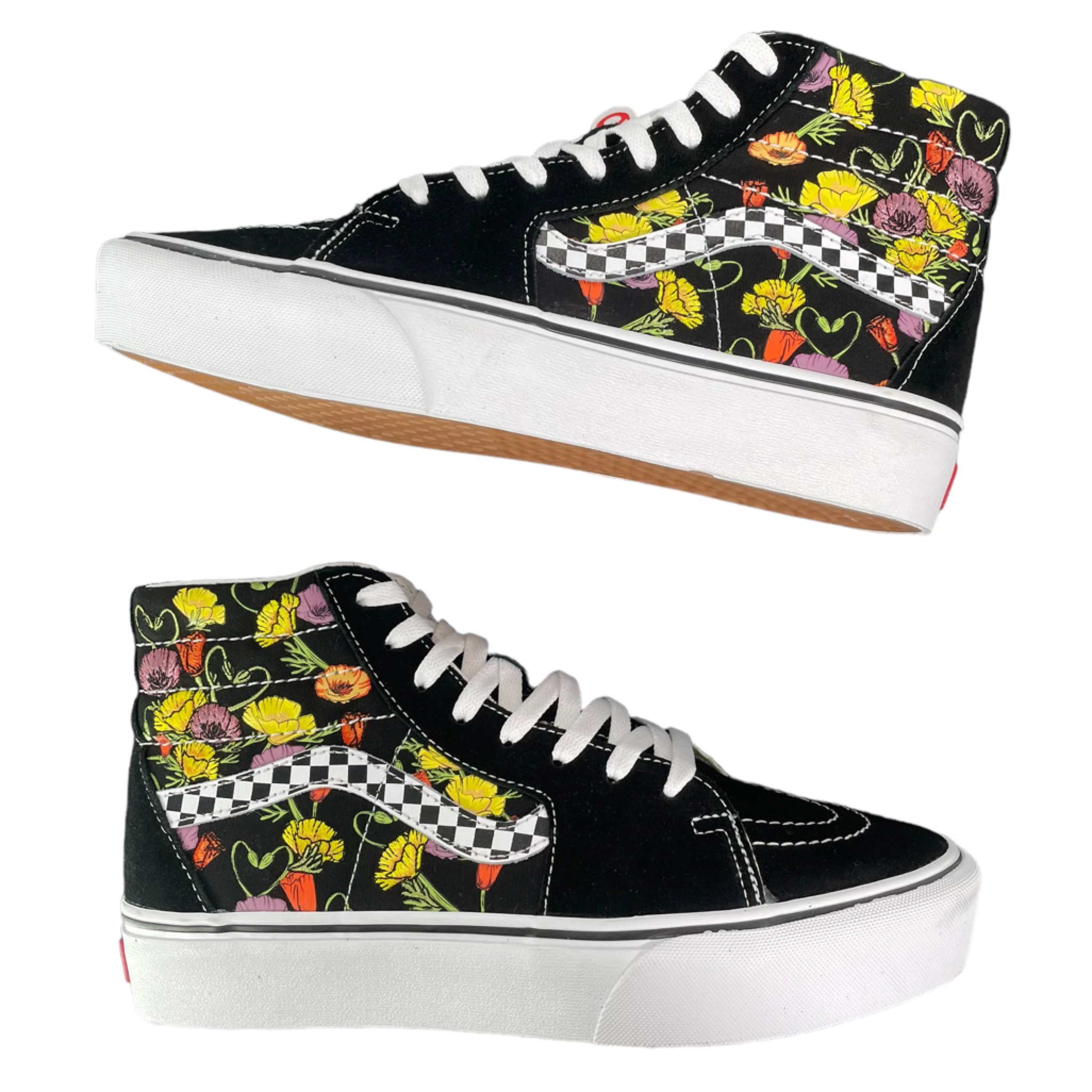 Vans Sk8-Hi Poppy Embroidered Checkered Black Suede Platform 2.0 Shoes Size 10